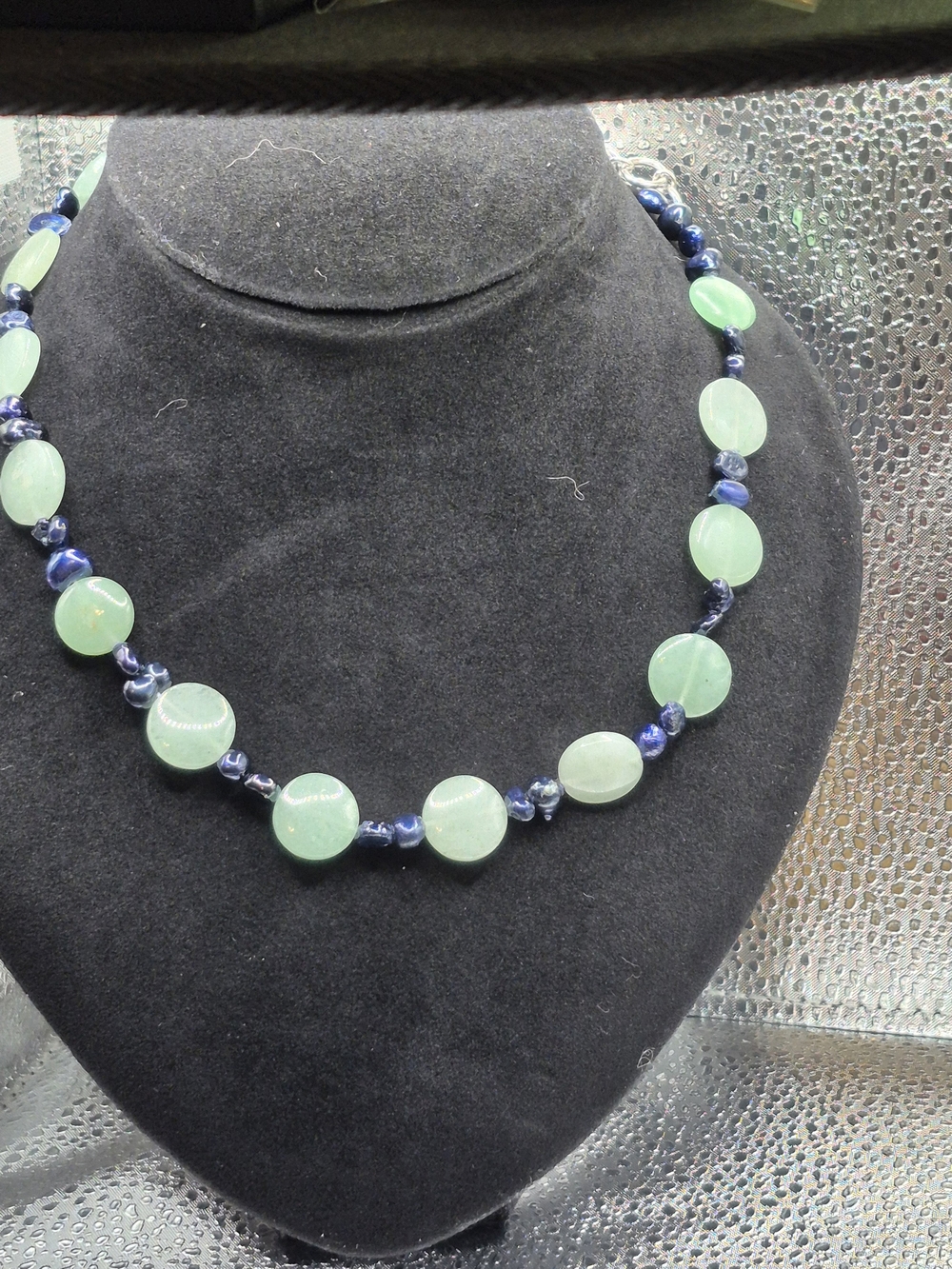Genuine Green Adventurine And Navy Blue Freshwater Pearl Necklace